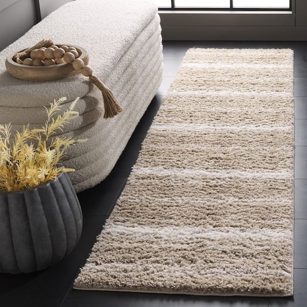 Border and Stripe Shag 2 ft. x 8 ft. Beige/Ivory Faded Striped Runner Rug
