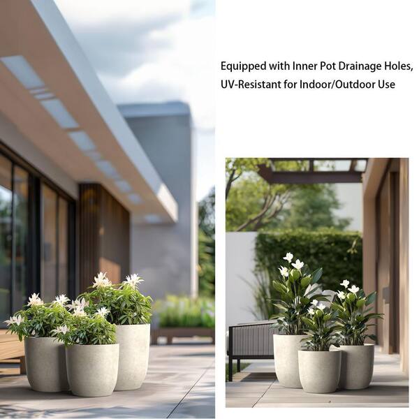 Sapcrete 13.5 in., 17 in., 20.5 in. Dia Light Gray Large Tall Round Concrete Plant Pot / Planter for Indoor and Outdoor Set of 3