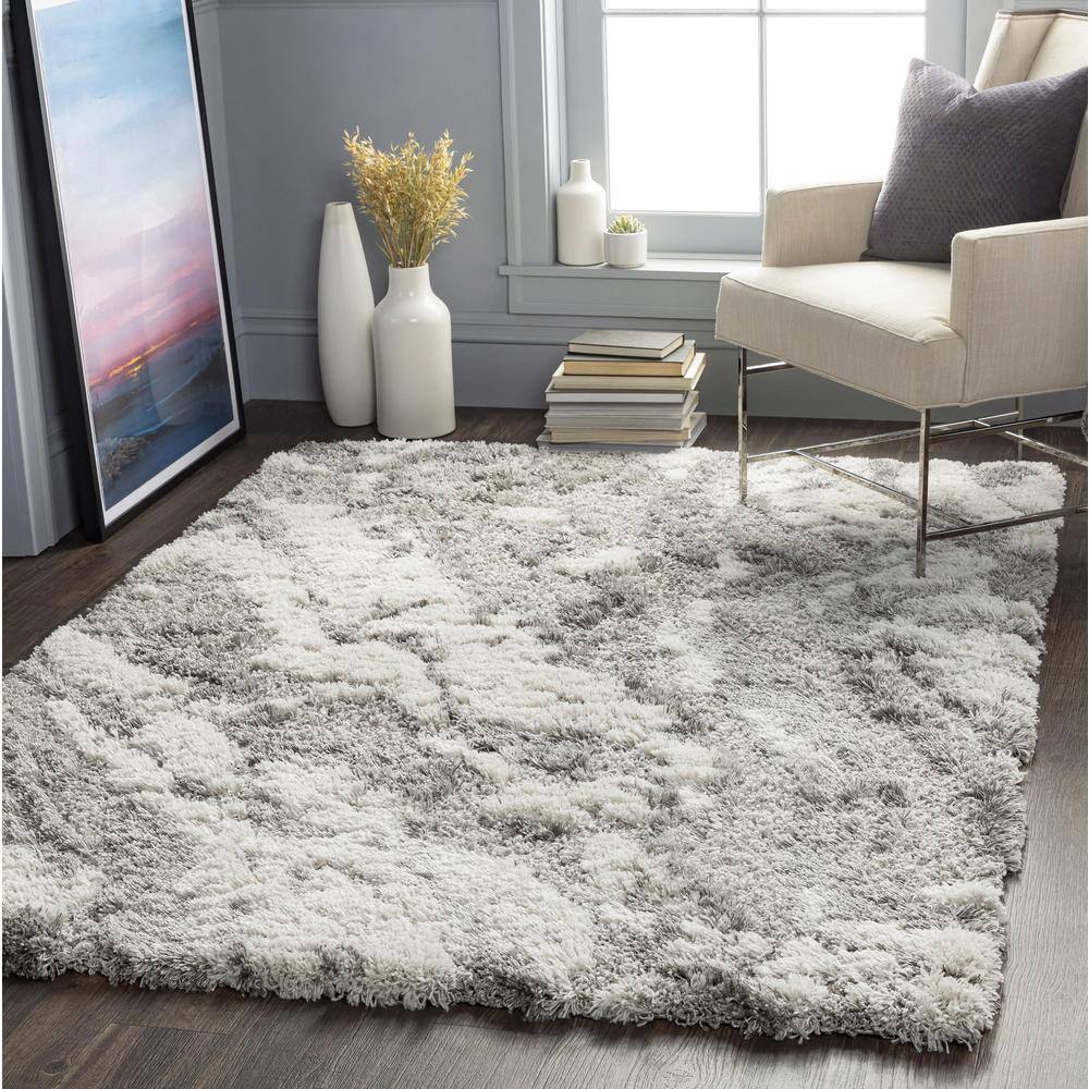 Gray and Off-White Abstract Shag Area Rug, 6'7" x 9'