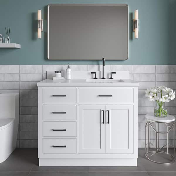 Hepburn 43 in. W x 22 in. D x 36 in. H Bath Vanity in White with White Pure Quartz Vanity Top with White Basin