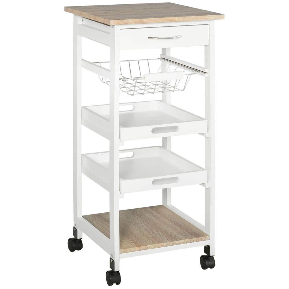 White Wood 14.5 in. Kitchen Cart with Fruit Baskets, Trays and Drawer