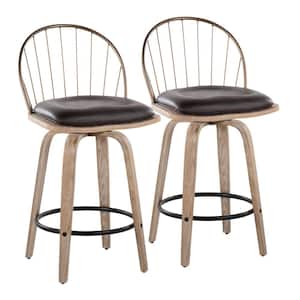 Riley 36.25 in. White Washed Wood, Copper & Brown PU High Back Counter Height Bar Stool Round Black Footrest (Set of 2)