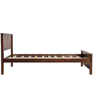 Walnut Twin Size Solid Wood Bed Frame, Twin Size Wood Platform Bed with Headboard and Footboard, No Box Spring Need
