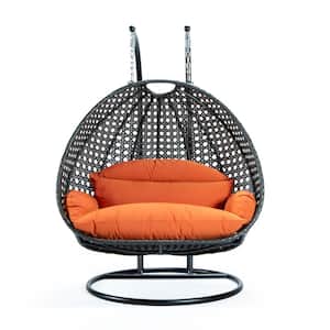 Charcoal Wicker Hanging 2-Person Egg Swing Chair Patio Swing with Orange Cushions
