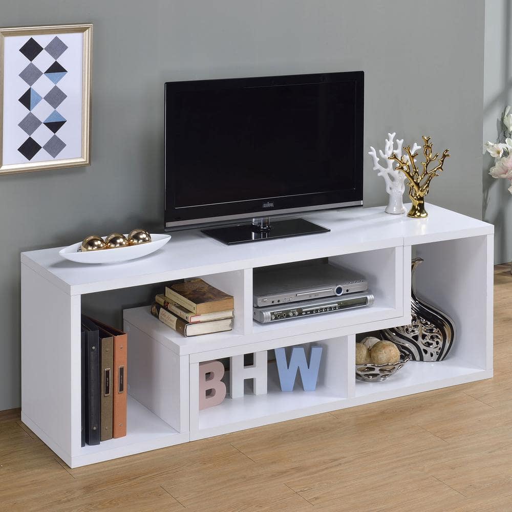 Modern White Convertible TV Console and Bookcase with L-Shaped Shelves