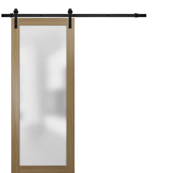 42 in. x 80 in. 1 Panel Frosted Glass Honey Ash Solid Wood Sliding Barn Door with Hardware Kit