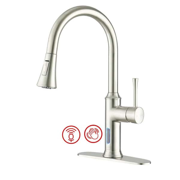 Single Handle Brushed Nickel 16.8 in. H Pull Down Sprayer Kitchen Faucet with Infrared Sensor and Smart Voice Control