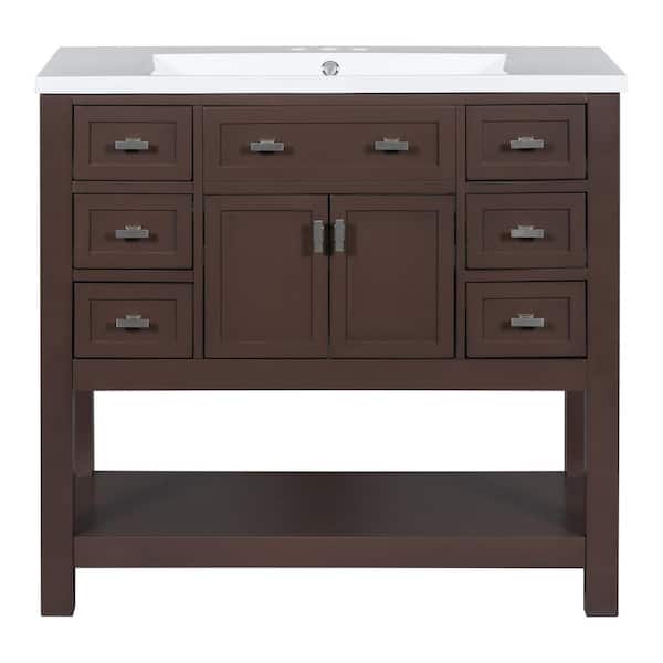 SEEUTEK Logan 36 in. W x 18 in. D x 34 in. H Freestanding Bath Vanity in Brown with White Ceramic Top