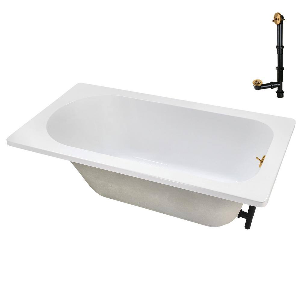 72" Glossy White Acrylic Drop-In Soaking Bathtub with Brushed Gold Trim