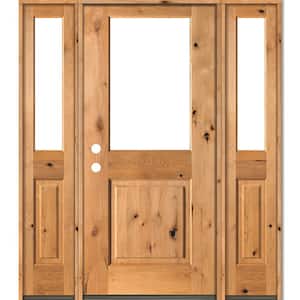 60 in. x 80 in. Rustic Knotty Alder Wood Clear Half-Lite Clear Stain Right Hand Single Prehung Front Door/Sidelites
