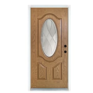 36 in. x 80 in. Light Oak Left-Hand Inswing 3/4 Oval Decorative Lite Zen Stained Fiberglass Prehung Front Door