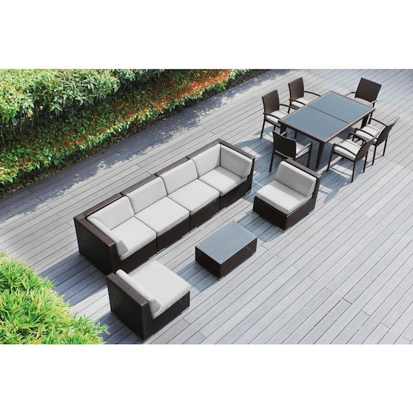 Ohana Depot Ohana Dark Brown 14-Piece Wicker Patio Conversation Set with Stackable Dining Chairs and Sunbrella Natural Cushions