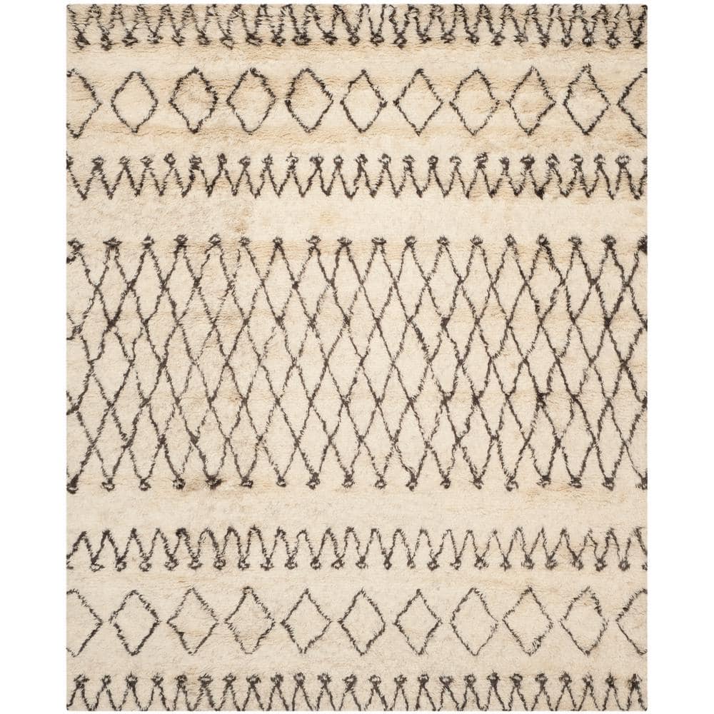 Ivory and Dark Brown Hand-Tufted Wool Shag Rug, 8' x 10'
