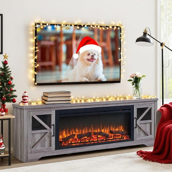 75 in. Freestanding Wood 44 in. Electric Fireplace TV Stand with 1400W Heat 5000 BTU Flame Remote CSA in Gray Wash