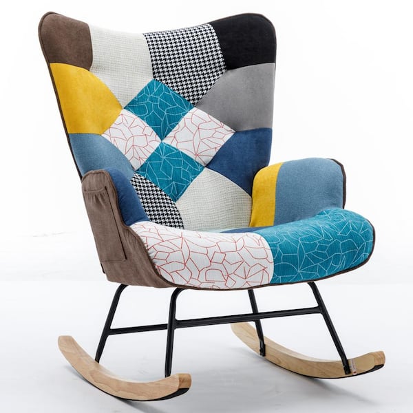 Sudzendf Blue Modern Patchwork Accent Wood Outdoor Rocking Chair with Solid and Feet