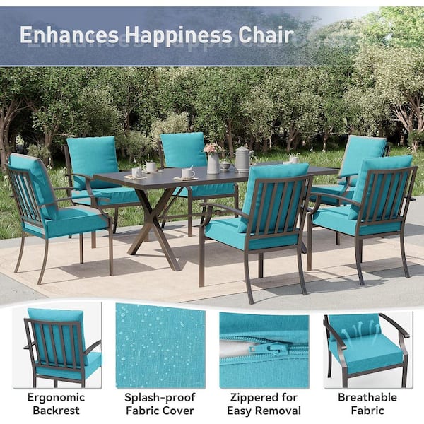 7-Piece Metal Patio Outdoor Dining Set with 6 Chairs, Large Table, Umbrella Hole and Blue Cushions
