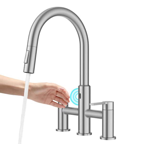 KRAUS Oletto Touchless Sensor Double Handle Bridge Kitchen Faucet with Pull-Down Sprayhead in Spot-Free Stainless Steel