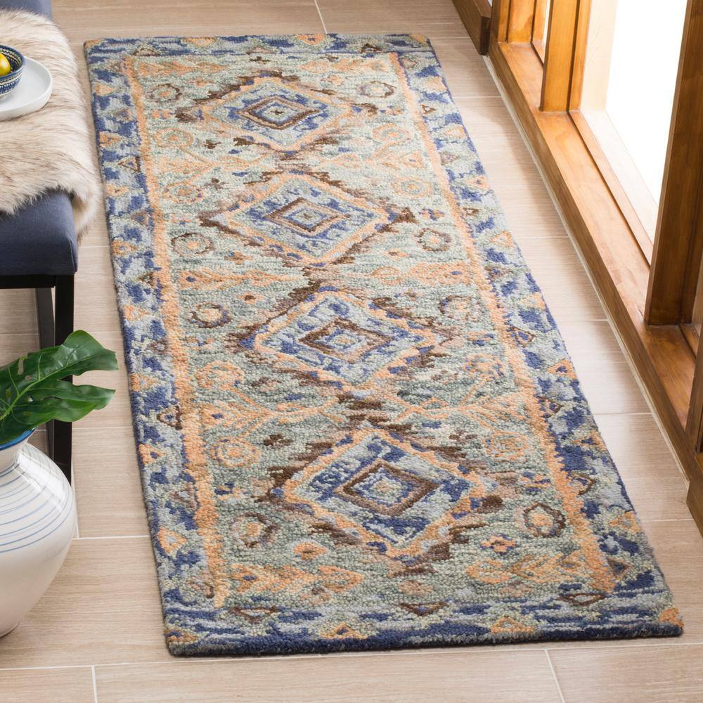 Handmade Tufted Floral Blue Wool Runner Rug 27" x 5"