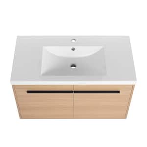 18.11 in. W x 35.43 in. D x 20.47 in. H 1-Sink Wall Mounted Bath Vanity in Oak with White Resin Top