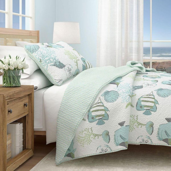 Multi-Colored Coastal & Fish Themed Twin Microfiber 2-Piece Quilt Set Bedspread