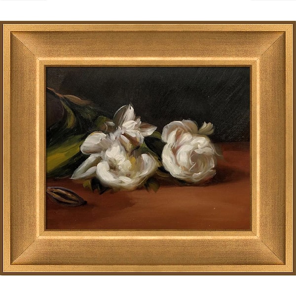 LA PASTICHE Branch Of White Peonies with Pruning Shears by Edouard Manet Muted Gold Glow Framed Abstract Art Print 12 in. x 14 in.