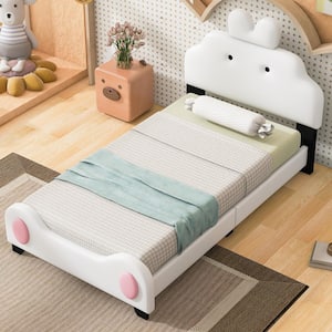 White Wood Twin Size PU Leather Upholstered Platform Bed with Cartoon Ears Shaped Headboard, Pink Paw Shaped Footboard