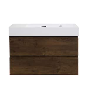 35.8 in. W Single-Sink Floating Walnut Finish Bath Vanity with White Engineered Stone Top, Pre-Assembled