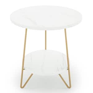 Kerlin 18.7 in. White and Gold Round Faux Marble End Table, 2 Tier Round Side Table with Shelves