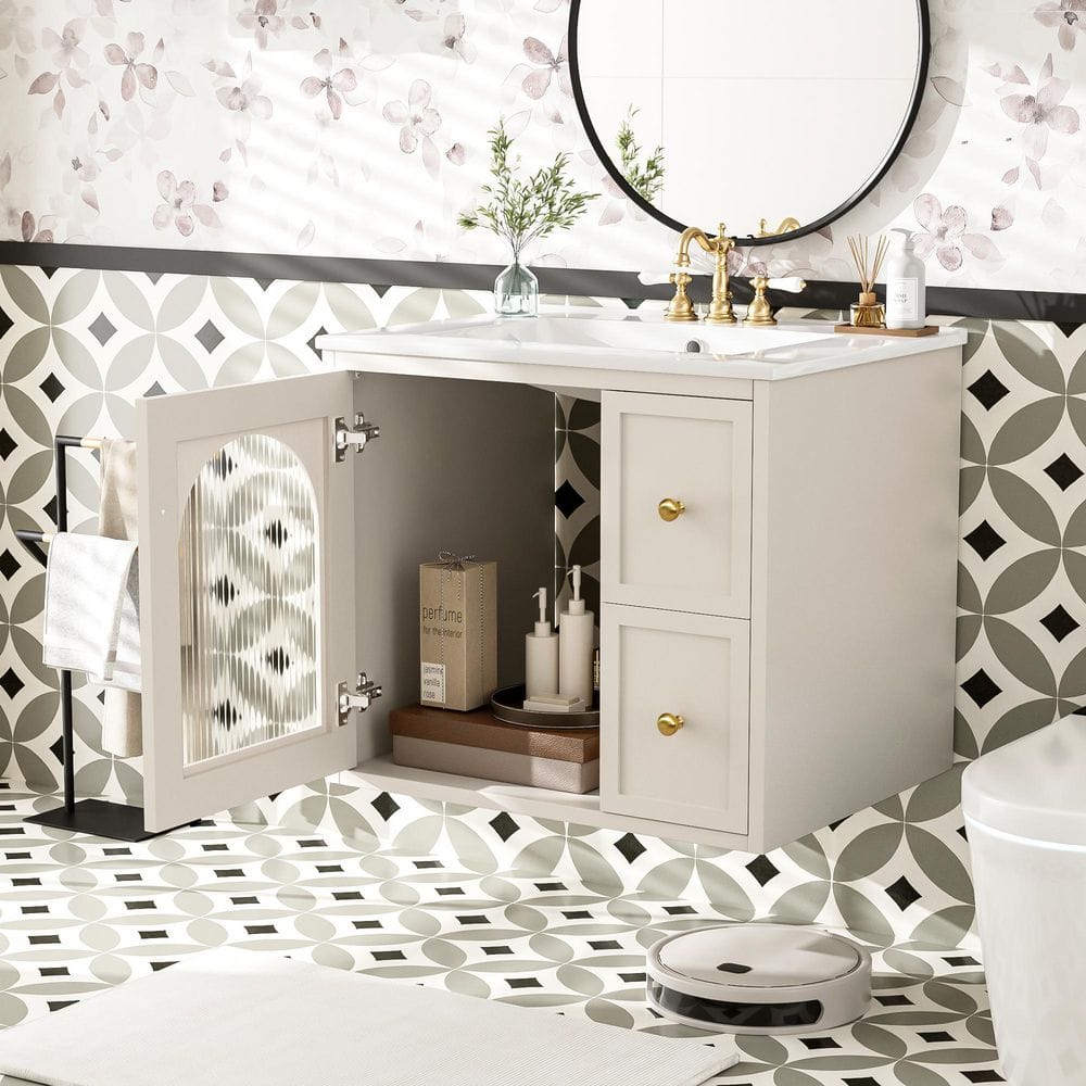 24 in. Single Sink Floating Beige Bath Vanity with Ceramic Sink Top price history on PriceWatchPro