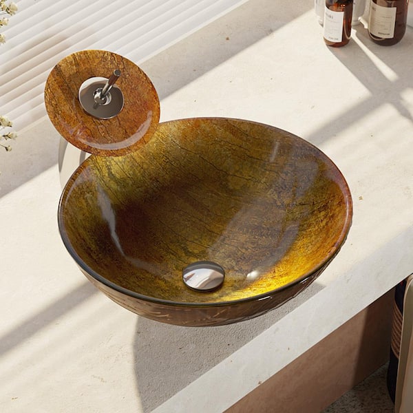 Rene Glass Vessel Sink in Bronze Hues with Waterfall Faucet and Pop-Up Drain in Chrome