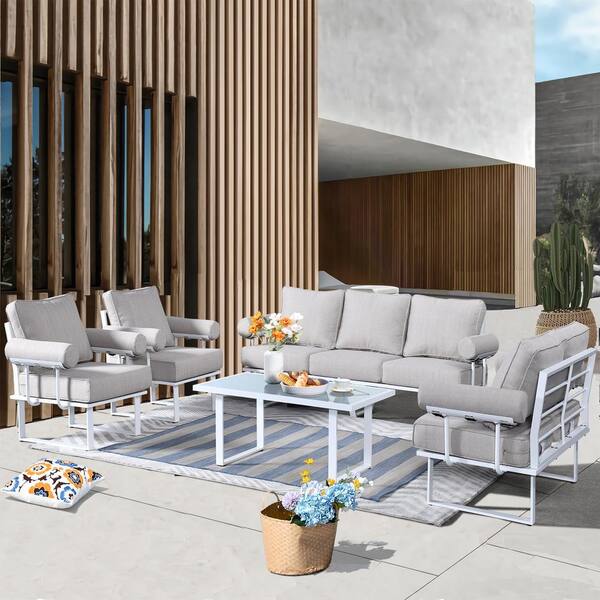 HOOOWOOO Teton Grand White 5-Piece Aluminum Outdoor Patio Conversation Set with Beige Cushions