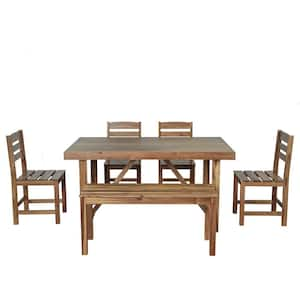 6-Piece Light Brown Acacia Wood Outdoor Dinning Set with Rectangle Table for for Balcony Backyard