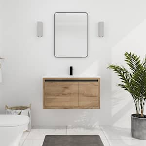 Modern 35.4 in. W x 18.1 in. D x 19.7 in. H Floating Bath Vanity in Imitative Oak with White Resin Top