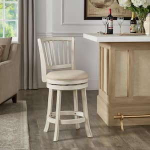 24.37 in. Antique White Finish Wood Frame Beige Linen Slat Back Swivel Counter Height Chair