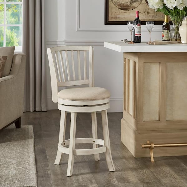 HomeSullivan 24.37 in. Antique White Finish Wood Frame Beige Linen Slat Back Swivel Counter Height Chair