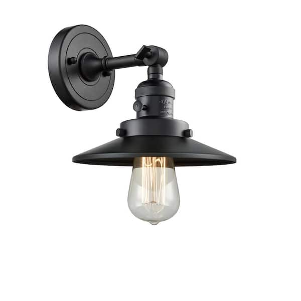 Railroad 1-Light Matte Black Wall Sconce with Black Metal Shade