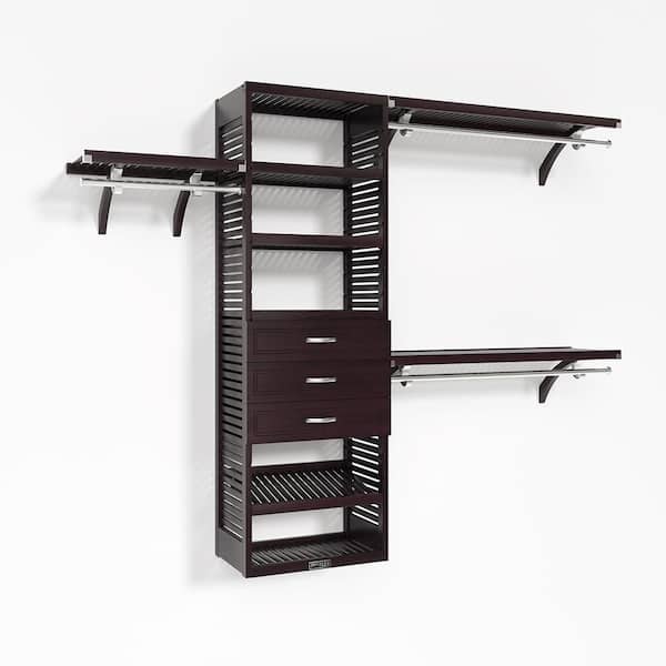 72 in. W - 120 in. W Espresso Walk in with 3 Drawers 16 in. Shelf Wood Closet System