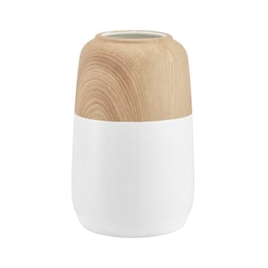 Nora Burk Ceramic Contemporary 9.75 in. H Multi-Colored 2 Tone Cylindrical Shape Tabletop Vase White and Beech