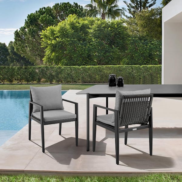 Armen Living Grand Black Aluminum Outdoor Dining Chair with Dark Grey Cushions (2-Pack)