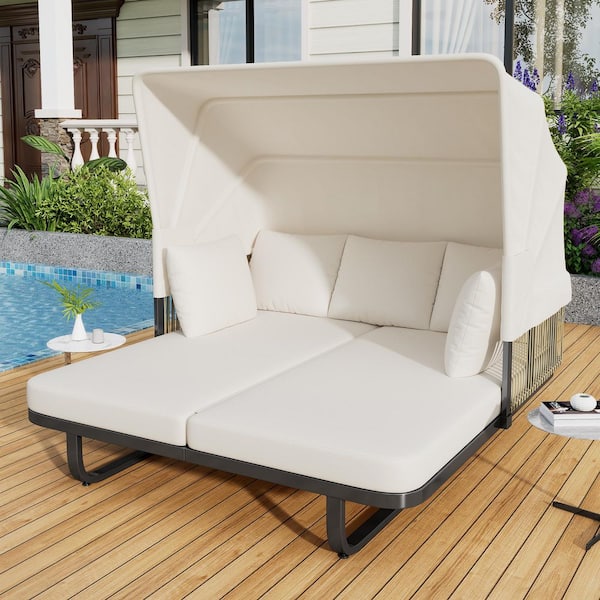 Harper & Bright Designs Metal and Wicker Outdoor Day Bed with Beige Cushions and Retractable Canopy