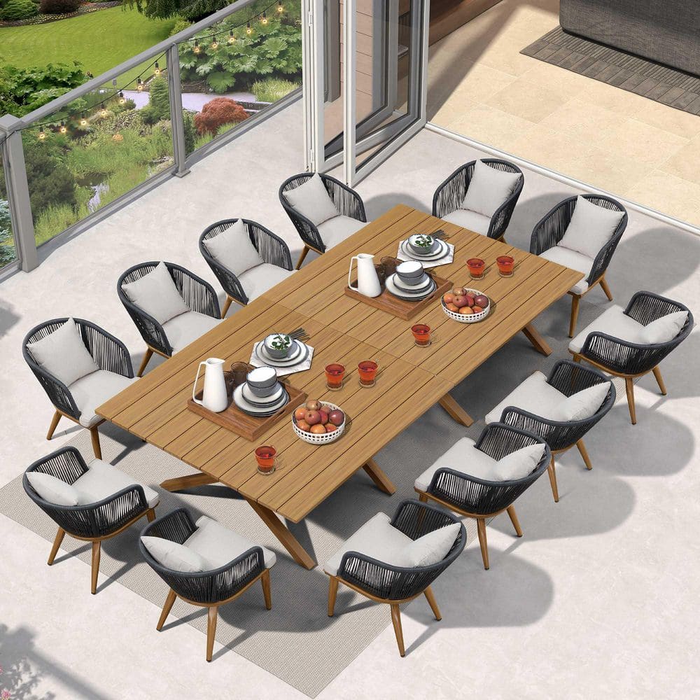 Teak-Finish 14-Piece Wicker Square Aluminum Frame Outdoor Dining Set and Pillows with Beige Cushions price history on PriceWatchPro