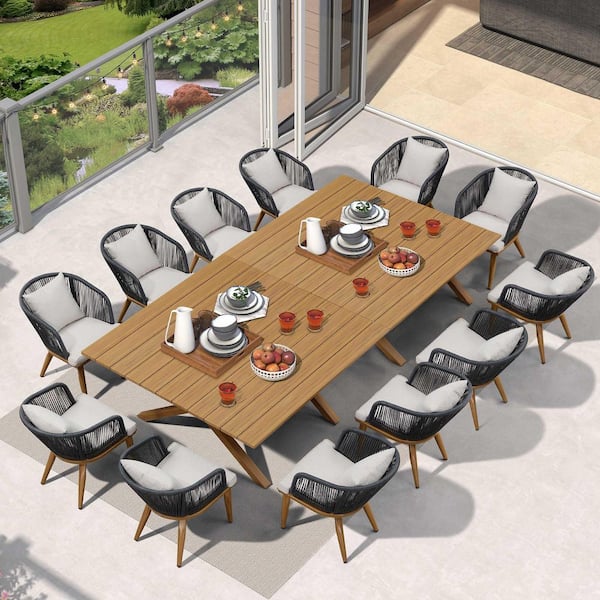Teak-Finish 14-Piece Wicker Square Aluminum Frame Outdoor Dining Set and Pillows with Beige Cushions