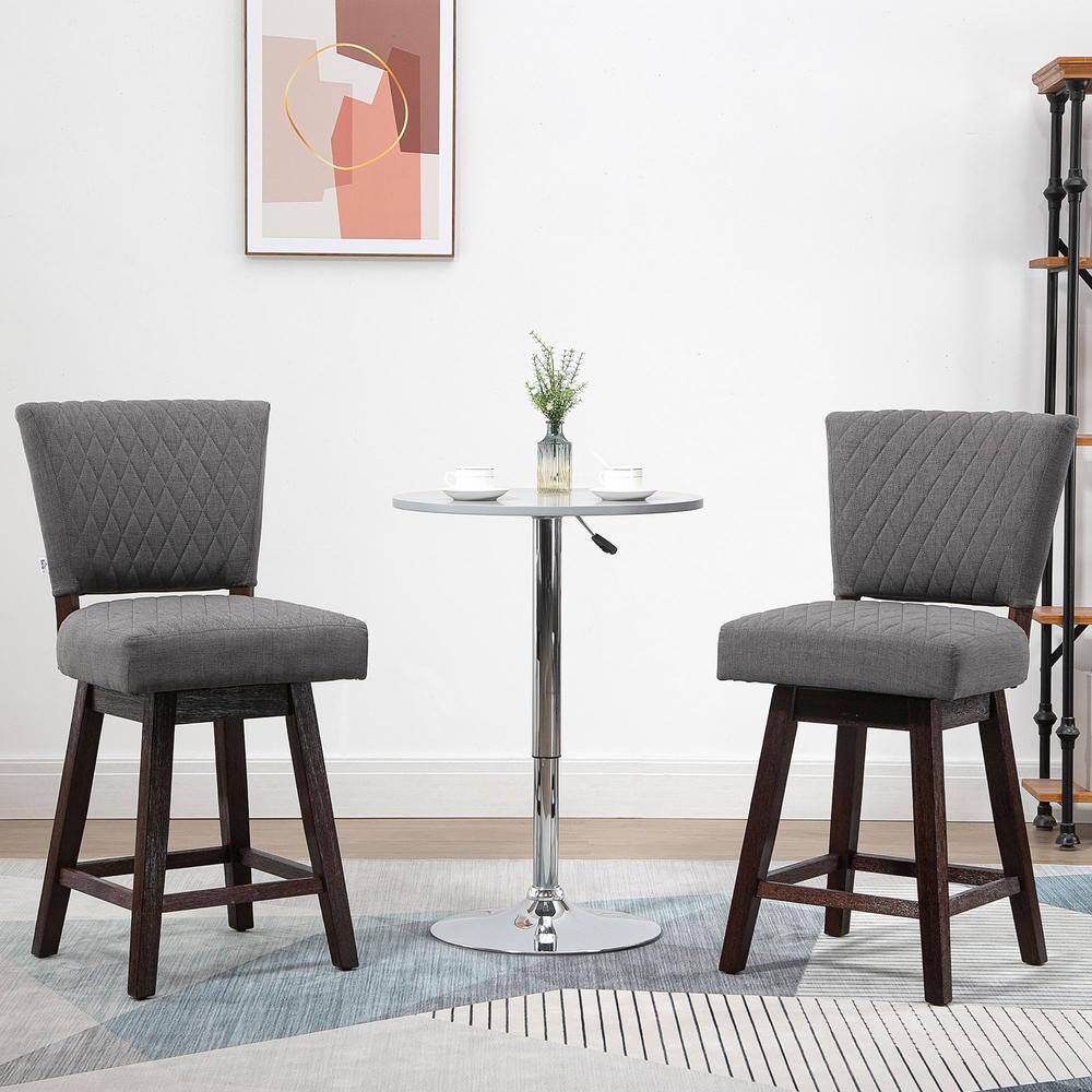 Gray Quilted Swivel Bar Stools with Rubberwood Legs, Set of 2