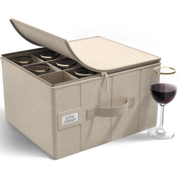 Beige Freestanding Stemware Organizer with Handles, Hard Shell Wine Glass Storage Case with Dividers and Handle Holds 12