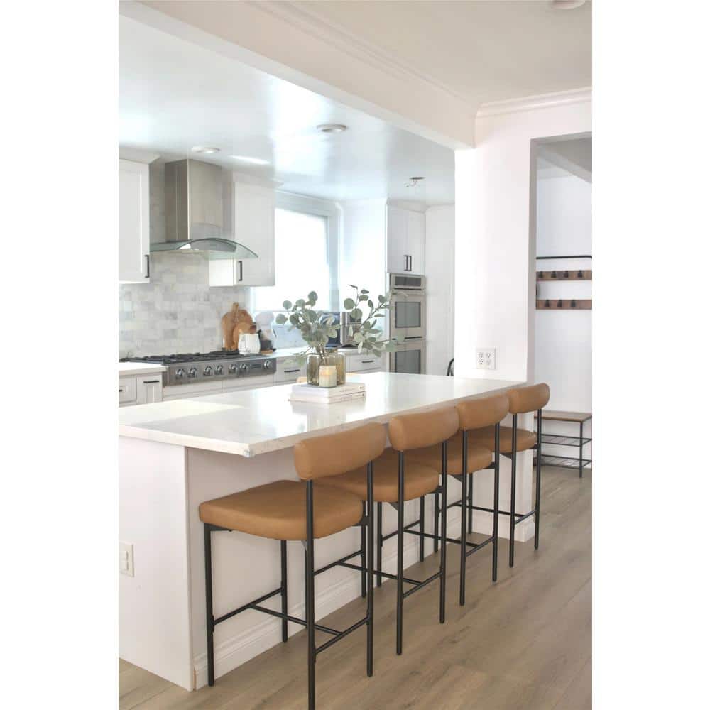 Dahlia Light Brown Leather Counter Height Barstool with Matte Black Metal Legs