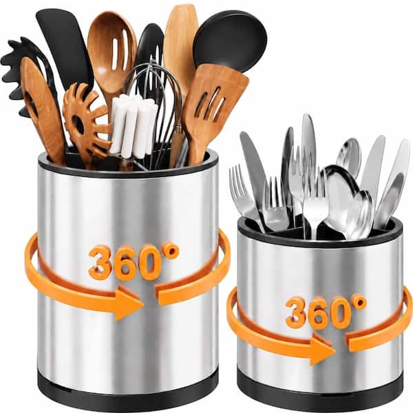 White Stainless Steel Utensil Holder for Kitchen Counter with 360° Rotating Design