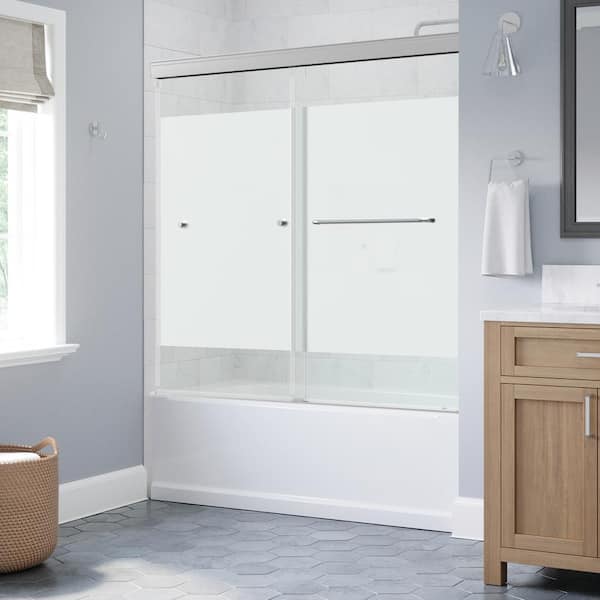 Delta Portwood 60 in. W x 58 in. H Semi-Frameless Sliding Tub Door in Chrome with 6mm Frosted Privacy Glass