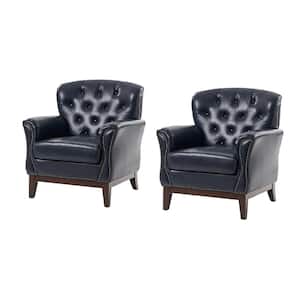 Bud Traditional Genuine Navy Leather Accent Chair Set of 2 with Solid Wood Legs and Nailheads