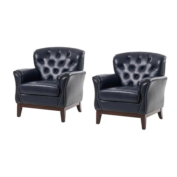JAYDEN CREATION Bud Traditional Genuine Navy Leather Accent Chair Set of 2 with Solid Wood Legs and Nailheads