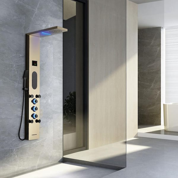 5-in-1, 5-Jet Shower Panel Tower System with Led Rainfall Shower Head, and Massage Body Jets in Black Gold